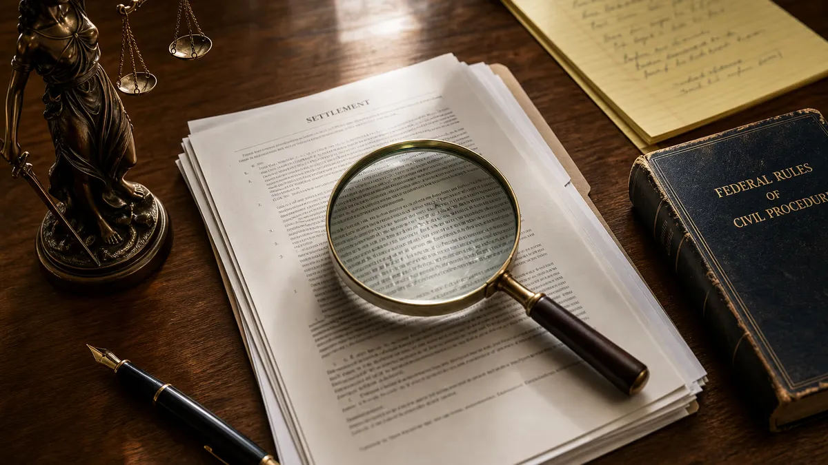 Magnifying glass over a settlement document beside a Federal Rules of Civil Procedure volume — the judicial review at the heart of Cheeks.
